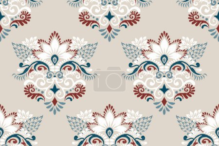 Illustration for Ikat floral seamless pattern on grey  background vector illustration.Ikat oriental embroidery.Aztec style,hand drawn,baroque pattern.design for texture,fabric,clothing,decoration,sarong,fashion women. - Royalty Free Image