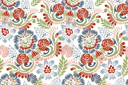 Flower seamless pattern on white background.Ikat floral embroidery vector illustration.baroque style,hand drawn,fashion women.design for texture,fabric,clothing,wrapping paper,decoration,scrapbook