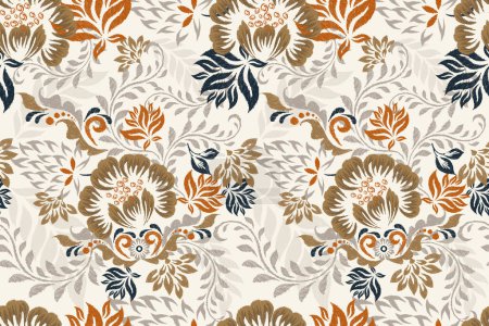Ikat floral seamless pattern on white  background vector illustration.Ikat oriental embroidery.Aztec style,hand drawn,baroque pattern.design for texture,fabric,clothing,decoration,sarong,fashion women
