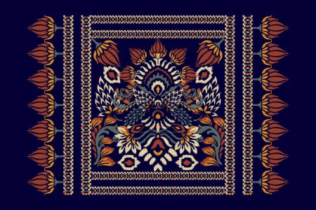 Illustration for Persian rug.Ikat floral pattern on navy blue background vector illustration.Ikat ethnic oriental embroidery.Aztec style,abstract.design for texture,fabric,clothing,decoration,carpet,Persian rug,print. - Royalty Free Image