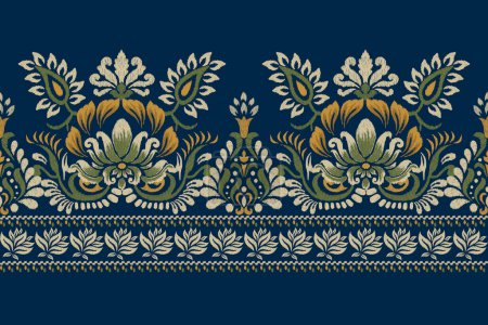 Ikat motif floral indien sur fond bleu marine illustration vectorielle.Ikat broderie ethnique orientale.Style aztèque, fond abstrait .design pour la texture, tissu, vêtements, décoration, sarong, impression, saree.
