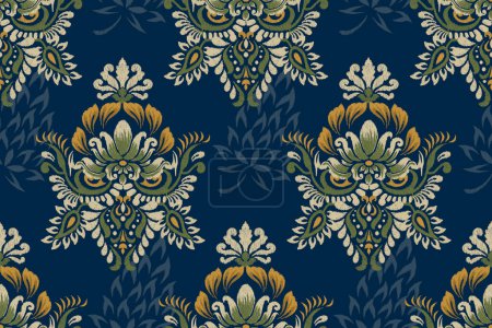 Illustration for Ikat floral seamless pattern on navy blue background vector illustration.Ikat oriental embroidery.Aztec style,hand drawn,baroque pattern.design for texture,fabric,clothing,decoration,sarong,fashion. - Royalty Free Image