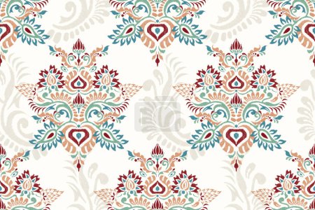 Ikat floral paisley seamless pattern on white background vector illustration.Ikat embroidery traditional.design for texture,fabric,clothing,decoration.