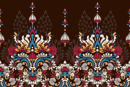 Indio patrón floral Ikat sobre fondo marrón oscuro vector illustration.ink textura embroidery.Aztec estilo abstracto, dibujado a mano, baroque.design para textura, tela, ropa, envoltura, decoración, impresión.