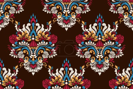 Illustration for Indian ikat floral seamless pattern on dark brown background vector illustration.Ikat oriental embroidery.Aztec style,hand drawn,baroque pattern.design for texture,fabric,clothing,decoration,sarong. - Royalty Free Image