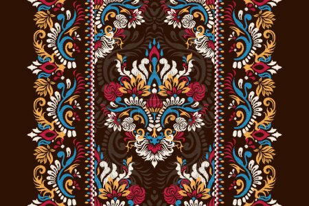 Illustration for Damask Ikat floral pattern on dark brown background vector illustration.ink texture embroidery.Aztec style abstract,hand drawn,baroque.design for texture,fabric,clothing,wrapping,decoration,carpet. - Royalty Free Image