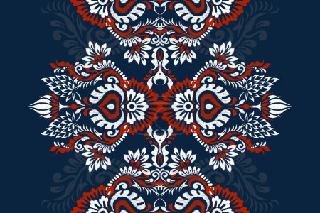 Ikat floral pattern on navy blue background vector illustration.ink texture embroidery.Aztec style abstract,hand drawn,baroque.design for texture,fabric,clothing,wrapping,decoration,scarf,carpet,print