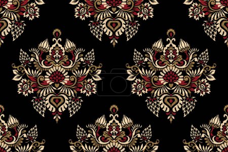 Illustration for Indian ikat floral seamless pattern on black background vector illustration.Ikat oriental embroidery.Aztec style,hand drawn,baroque pattern.design for texture,fabric,clothing,decoration,sarong,print. - Royalty Free Image