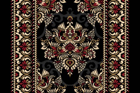 Illustration for Damask Ikat floral pattern on black background vector illustration.ink texture embroidery.Aztec style abstract,hand drawn,baroque.design for texture,fabric,clothing,wrapping,decoration,carpet,print. - Royalty Free Image