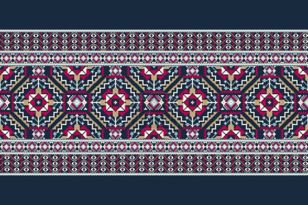 Geometric ethnic oriental pattern vector illustration.floral pixel art embroidery on navy blue background,Aztec style,abstract background.design for texture,fabric,clothing,wrapping,decoration,print.