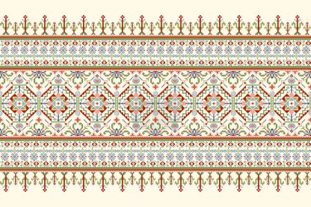 Geometric ethnic oriental pattern vector illustration.floral pixel art embroidery on white background,Aztec style,abstract background.design for texture,fabric,clothing,wrapping,decoration,scarf,print