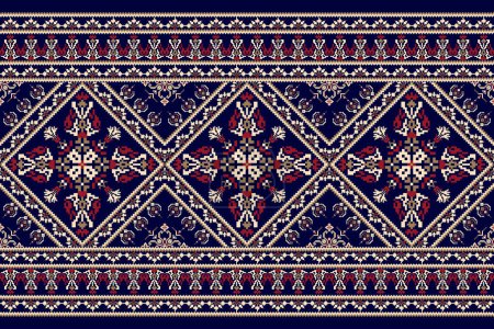 Geometrische ethnische orientalische Mustervektorillustration. Florale Pixelkunst-Stickerei auf violettem Hintergrund, aztekischem Stil, abstraktem Hintergrund. Design für Textur, Stoff, Kleidung, Verpackung, Dekoration, Schal, Teppich.