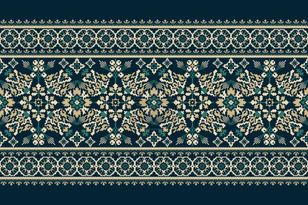 Geometrische ethnische orientalische Mustervektorillustration. Florale Pixelkunst Stickerei auf grünem Hintergrund, aztekischer Stil, abstrakter Hintergrund. Design für Textur, Stoff, Kleidung, Verpackung, Dekoration, Schal, Teppich.