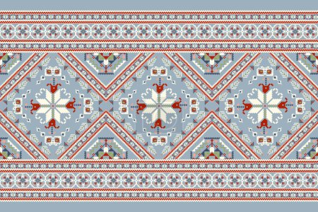 Geometric ethnic oriental pattern vector illustration.floral pixel art embroidery on blue background,Aztec style,abstract background.design for texture,fabric,clothing,wrapping,decoration,scarf,print.