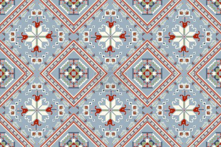 Geometrische ethnische orientalische nahtlose Mustervektorillustration. Florale Pixelkunst Stickerei auf blauem Hintergrund, aztekischem Stil, abstraktem Hintergrund. Design für Textur, Stoff, Kleidung, Dekoration, Druck, Fliese.