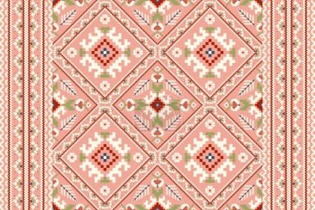 Geometric ethnic oriental pattern vector illustration.floral pixel art embroidery on pink background,Aztec style,abstract background.design for texture,fabric,clothing,wrapping,decoration,scarf,print.