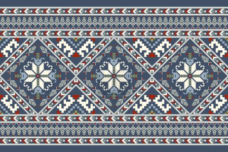 Geometric ethnic oriental pattern vector illustration.floral pixel art embroidery on blue background,Aztec style,abstract background.design for texture,fabric,clothing,wrapping,decoration,scarf,print.