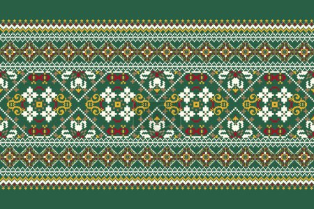Geometric ethnic oriental pattern vector illustration.floral pixel art embroidery on green background,Aztec style,abstract background.design for texture,fabric,clothing,wrapping,decoration,scarf,print