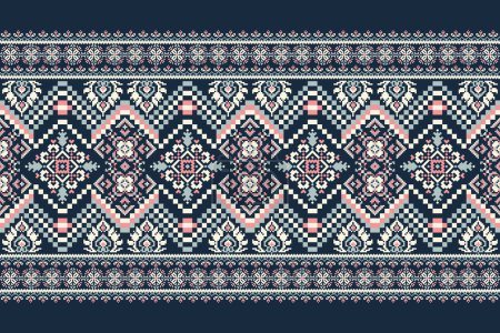 Geometrische ethnische orientalische Mustervektorillustration. Florale Pixelkunst-Stickerei auf marineblauem Hintergrund, aztekischem Stil, abstraktem Hintergrund. Design für Textur, Stoff, Kleidung, Verpackung, Dekoration, Druck.