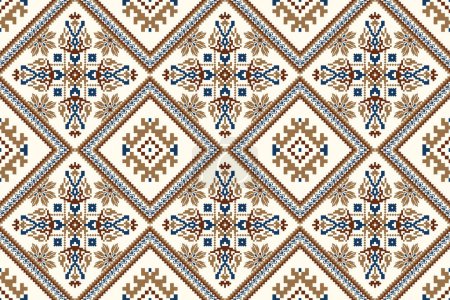 Illustration for Seamless Floral Cross Stitch pattern on white background.geometric ethnic oriental embroidery traditional.Aztec style,abstract background,vector illustration.design for texture,fabric,decoration,print - Royalty Free Image