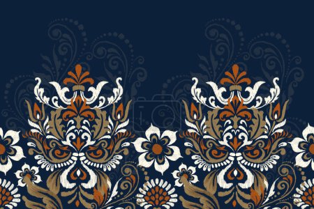 Damask floral pattern on navy blue background vector illustration.Ikat flower embroidery traditional.Aztec style,abstract background,baroque style.design for texture,fabric,clothing,decoration,sarong.