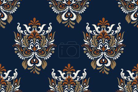 Ikat patrón sin costura floral en azul marino vector de fondo illustration.Ikat estilo oriental embroidery.Aztec, dibujado a mano, barroco pattern.design para textura, tela, ropa, decoración, sarong, moda.