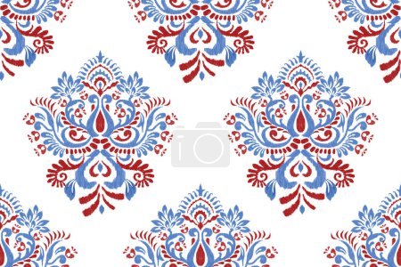 Damask seamless Ikat ethnic pattern on white background vector illustration.Ikat floral embroidery traditional.Aztec style,abstract background.design for texture,fabric,clothing,decoratio,fashion men.