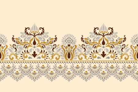 Damask Ikat ethnic pattern on cream background vector illustration.Ikat floral embroidery traditional.Aztec style,abstract background.design for texture,fabric,clothing,decoration,sarong,saree,print.