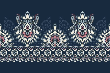 Damask pattern on navy blue background vector illustration.ikat floral embroidery traditional.Aztec style,hand drawn pattern,baroque.design for texture,fabric,clothing,wrapping,decoration,scarf,sarong