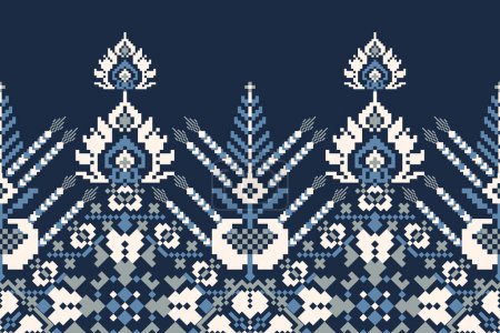 Geometric ethnic floral pattern on navy blue background vector illustration.flower cross stitch embroidery traditional.Aztec style,abstract background.design for texture,fabric,clothing,decoration.
