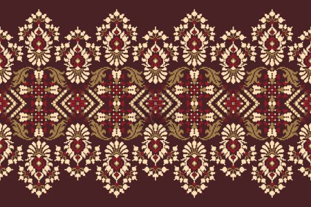 Geometric ethnic floral pattern on crimson background vector illustration.flower cross stitch embroidery traditional.Aztec style,abstract background.design for texture,fabric,clothing,decoration,print