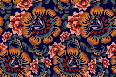 Ikat floral seamless pattern on navy blue background vector illustration.Ikat oriental embroidery.Aztec style,hand drawn,baroque pattern.design for texture,fabric,clothing,decoration,sarong,fashion.