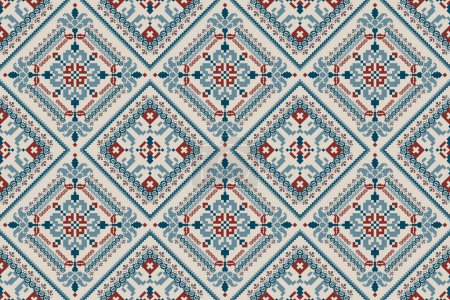 Geometric seamless pattern on grey background vector illustration.floral cross stitch pattern traditional.Aztec style,abstract background.design for texture,fabric,clothing,decoration,tile,print.