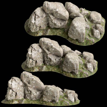 3d illustration of moss covered rocks, placed on moss shelf isolated on black background