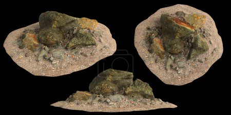 Téléchargez les photos : Illustration 3D de roches sur plateau de gravier isolées sur fond noir - en image libre de droit