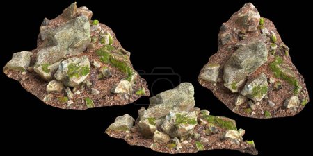 3D-Illustration von moosbedeckten Felsen, auf trockenen Blättern auf schwarzem Hintergrund isoliert