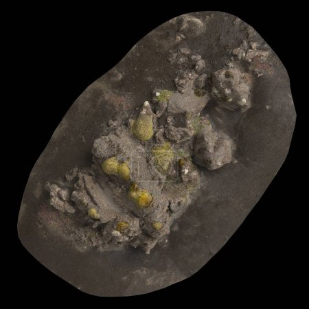 Téléchargez les photos : Illustration 3D de roches sur plateau de gravier isolées sur fond noir vue du dessus - en image libre de droit