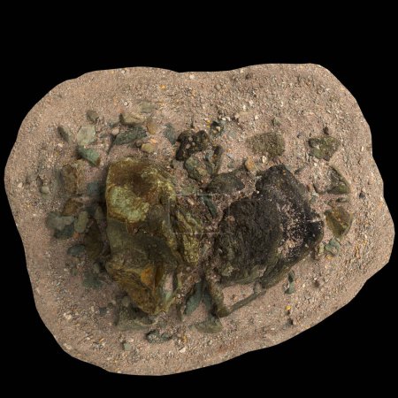 Téléchargez les photos : Illustration 3D de roches sur plateau de gravier isolées sur fond noir vue du dessus - en image libre de droit