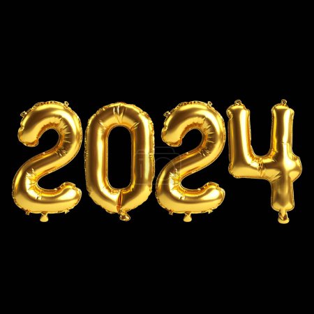 Foto de Ilustración 3d de carta sobre año nuevo 2024 con globos en color oro - Imagen libre de derechos