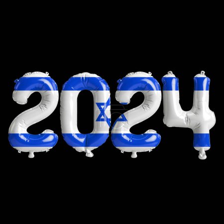 Illustration 3D de la lettre sur le nouvel an 2024 avec des ballons sur la couleur drapeau d'Israël