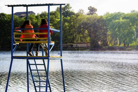 Rescue tower on the river. Observation tower. Observers. Rescuers.Concept of safety of those swimming in the sea and river