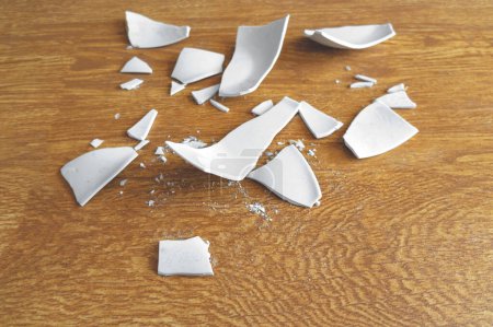 White Shards of a Broken Plate sur le fond. éclats d'une plaque brisée. Fragments d'une vaisselle blanche sur le sol. Éclats et morceaux d'un plat cassé