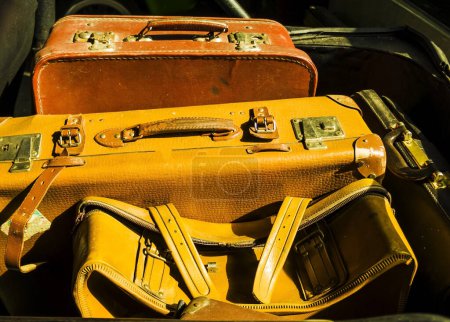 old vintage suitcases.Vintage old classic travel leather suitcases 