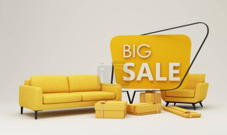 Photo for Flash sale banner template Special offer discount concept Sale of home decorations and furniture During promotions. surrounded by sofas chairs and advertising spaces. pastel background. 3d render - Royalty Free Image