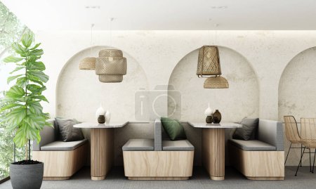 Designarbeiten in Cafés und Restaurants im modernen zeitgenössischen Stil Wählen Sie Holzmaterialien und blanken Zement. In einer geschwungenen Bogenwand, umgeben von Topfpflanzen. auf dem grauen Teppichboden. 3D-Darstellung