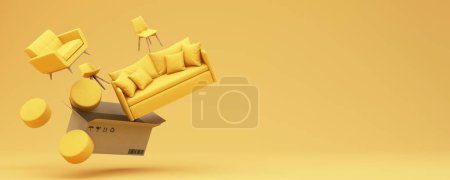interior design concept Sale of home decorations and furniture During promotions and discounts, it is surrounded by beds, sofas, armchairs and advertising spaces banner. yellow background. 3d render