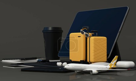 Téléchargez les photos : Travel planning with laptop and online booking with a suitcase and a model airplane next to it along with gadgets. 3d rendering - en image libre de droit