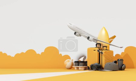 Téléchargez les photos : Yellow suitcase with travel accessories on yellow background. travel concept with airplane. 3d rendering - en image libre de droit