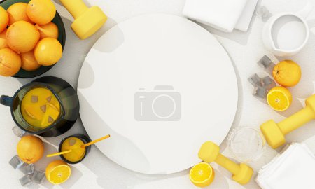 Photo for Healthy concept and exercise with exercise equipment and citrus fruits and orange juice on a white background surrounded by natural objects. 3d rendering - Royalty Free Image