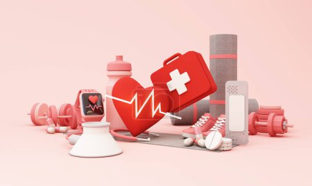 Foto de Healthy lifestyle, gadget heart rate and sport concept. insurance concept tester set with athlete's equipment; measuring tape, dumbbell and water can on bright pink pastel background. 3d rendering - Imagen libre de derechos